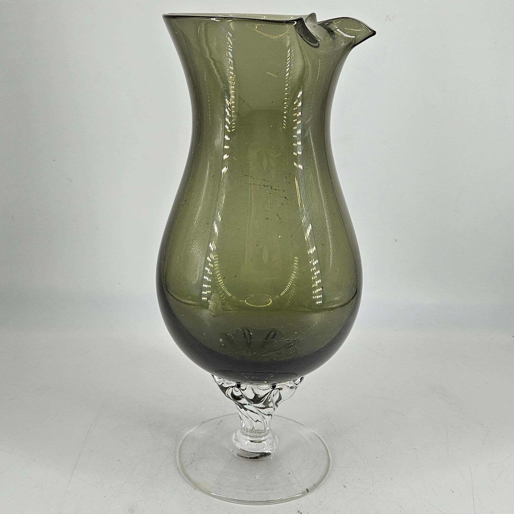 Vintage Hand Blown SmokeyArt Glass Footed Wine Decanter Barware 1975 MCM Sasaki